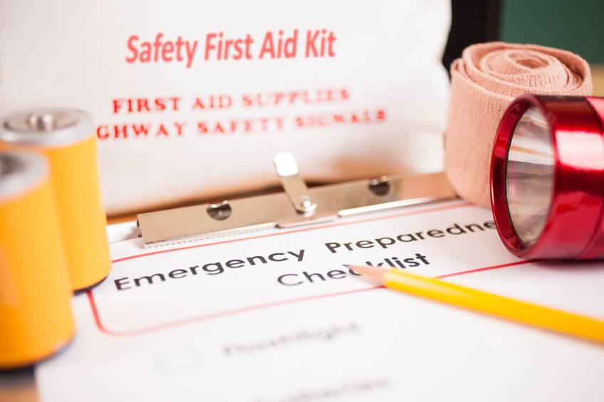 Emergency preparedness checklist and natural disaster supplies.