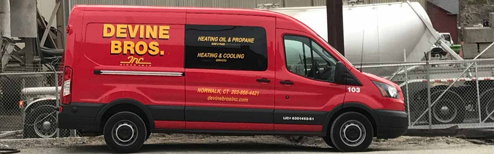 Devine Bros Red Van Near Worksite | Heating Oil Norwalk | Propane New Canaan