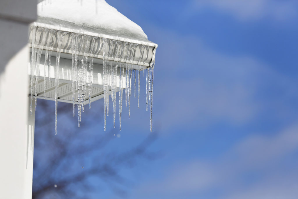 A row of large frozen icicles is melting on a sunny winter day with a blue sky beyond. The icicles are hanging over the edge of an aluminum gutter on a residential home roof.